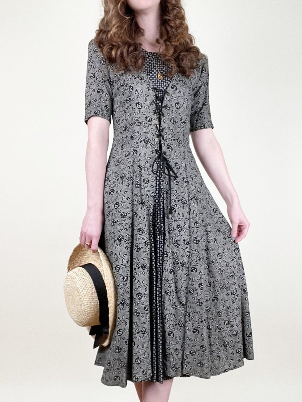 Vintage Lace Up Midi Dress Whimsigoth Corset Grunge Cottagecore Prairie Witchy - Picture 6 of 9